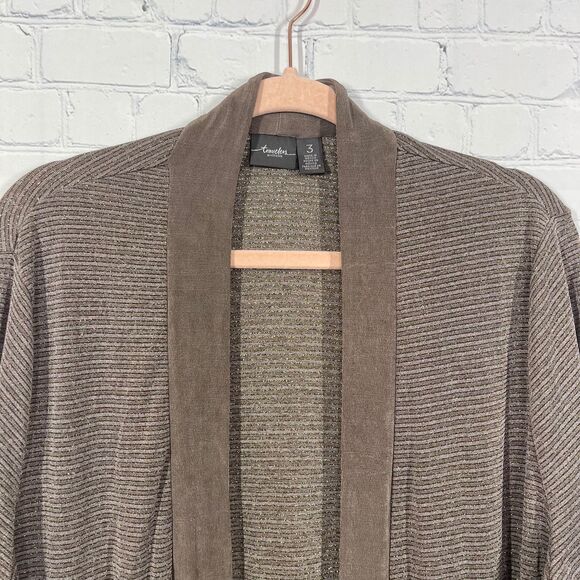 Chicos Travelers Cardigan Women XL Tan Glitter Slinky Flowy Office Preppy Duster - Picture 3 of 12